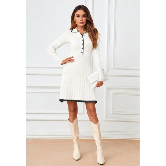Merokeety Women's White Long Sleeve V Neck Button Knit Pleated Sweater Dress - Picture 2 of 7